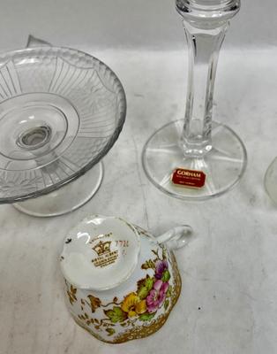 Misc. Vintage Glass, and Ceramic Lot - demitasse cup, mini creamer, mini cake plate, cup & saucer, candlestick holder