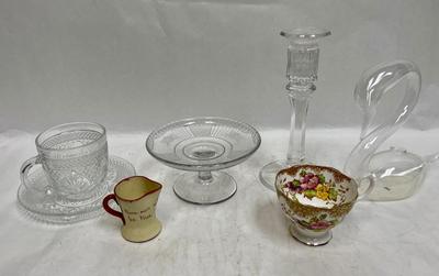 Misc. Vintage Glass, and Ceramic Lot - demitasse cup, mini creamer, mini cake plate, cup & saucer, candlestick holder