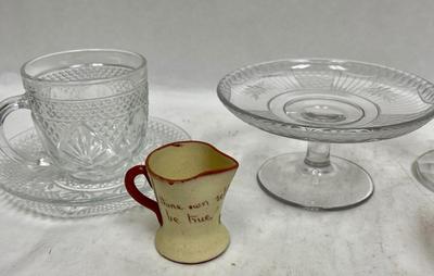 Misc. Vintage Glass, and Ceramic Lot - demitasse cup, mini creamer, mini cake plate, cup & saucer, candlestick holder