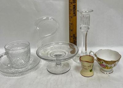 Misc. Vintage Glass, and Ceramic Lot - demitasse cup, mini creamer, mini cake plate, cup & saucer, candlestick holder