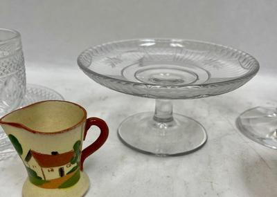 Misc. Vintage Glass, and Ceramic Lot - demitasse cup, mini creamer, mini cake plate, cup & saucer, candlestick holder