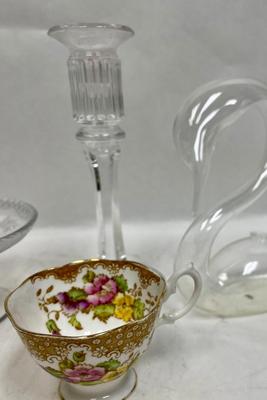 Misc. Vintage Glass, and Ceramic Lot - demitasse cup, mini creamer, mini cake plate, cup & saucer, candlestick holder