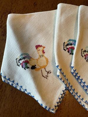 VTG Linen Embroidered Rooster Cocktail Napkins, Stem Ware Coasters