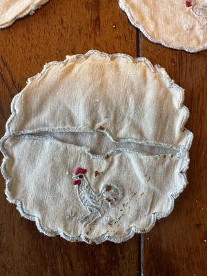 VTG Linen Embroidered Rooster Cocktail Napkins, Stem Ware Coasters