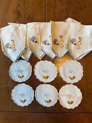 VTG Linen Embroidered Rooster Cocktail Napkins, Stem Ware Coasters