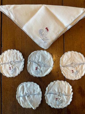 VTG Linen Embroidered Rooster Cocktail Napkins, Stem Ware Coasters