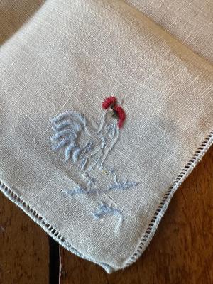VTG Linen Embroidered Rooster Cocktail Napkins, Stem Ware Coasters