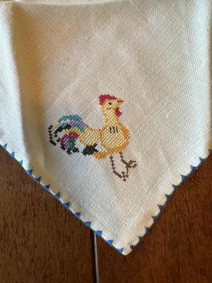 VTG Linen Embroidered Rooster Cocktail Napkins, Stem Ware Coasters