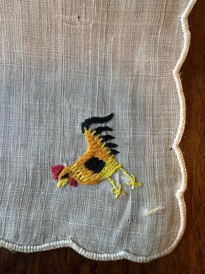 VTG Linen Embroidered Rooster Cocktail Napkins, Stem Ware Coasters