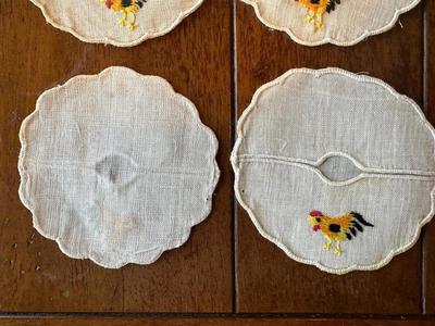 VTG Linen Embroidered Rooster Cocktail Napkins, Stem Ware Coasters