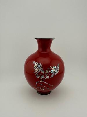 Vintage Enamel Mother Of Pearl Red Brass Vase