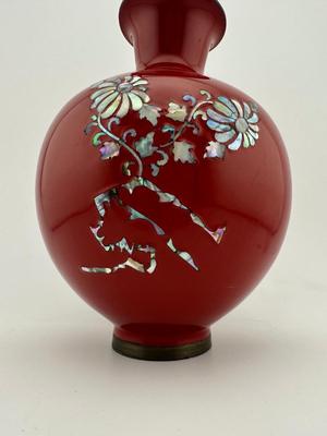 Vintage Enamel Mother Of Pearl Red Brass Vase