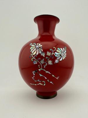 Vintage Enamel Mother Of Pearl Red Brass Vase