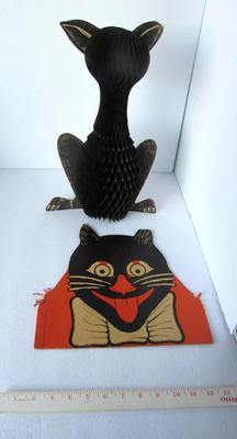 Old Halloween Lot: Beistle Honeycomb Cat, Cardboard Cat Hat