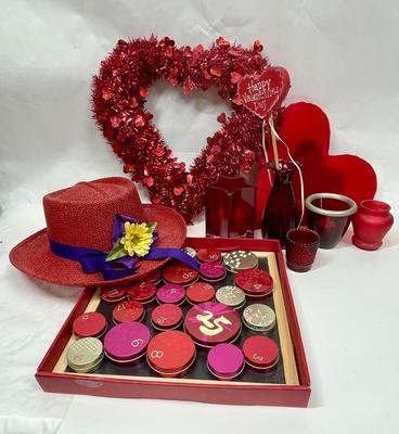 Lot of LOVE DECOR red wreath, hat, candleholders, vase, mini can calendar, etc