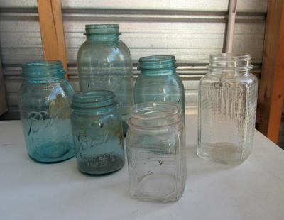 Antique Teal Canning Jars and 2 Clear Jars