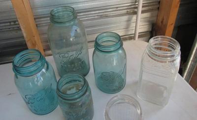 Antique Teal Canning Jars and 2 Clear Jars