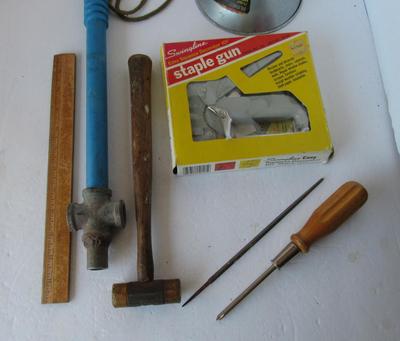Misc Old Tools, Tire Thumper, Hammer, Funnel, Staple Gun, More