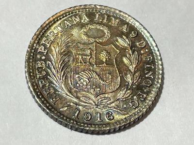 PERU 1916-FG Superb Uncirculated Condition w/Gorgeous Toning 1/2 Dinero Silver Coin as Pictured.