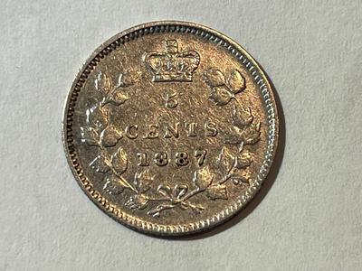 Scarce Canada 1887 Fine/VF Condition 5-Cent Silver Coin as Pictured.