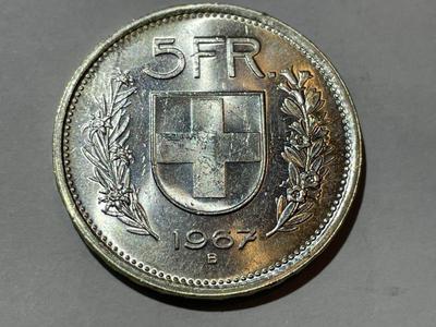 Switzerland 1967-B Uncirculated Condition 5 Francs Silver Coin as Pictured.