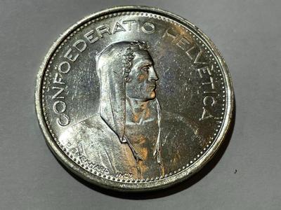 Switzerland 1967-B Uncirculated Condition 5 Francs Silver Coin as Pictured.