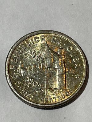 Cuba 1952 Uncirculated/Toned 10 Centavos Silver Coin as Pictured.