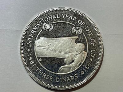 Scarce 1981 Jordan Proof Silver Coin 3 Dinars "Year of the Child" (1401 AH) King Hussein as Pictured.