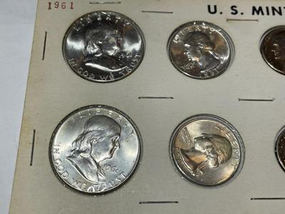10-Coin U.S. 1961- P & D Silver Mint Set Coins in an Old Mid-Century Holder as Pictured.