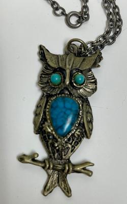 Owl pendant necklace turquoise Mid-century Modern