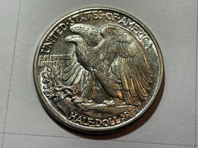 1943-P CHOICE AU CONDITION WALKING LIBERTY SILVER HALF DOLLAR AS PICTURED.