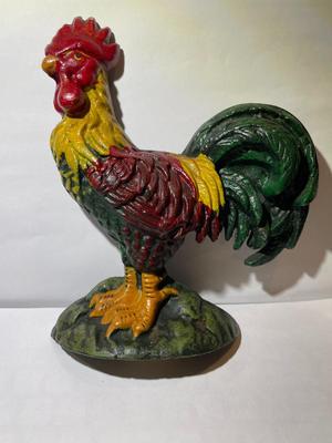 Vintage Cast Iron Rooster Painted Doorstop 8" Tall in Good Preowned Condition as Pictured.