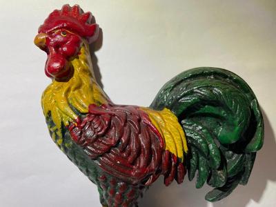 Vintage Cast Iron Rooster Painted Doorstop 8" Tall in Good Preowned Condition as Pictured.