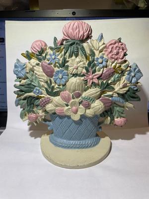 Vintage Cast Iron Flower Basket Painted Doorstop 7.5" Tall in Good Preowned Condition as Pictured.