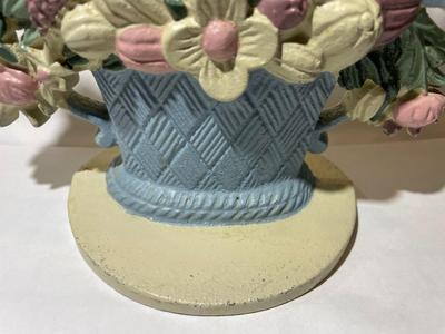 Vintage Cast Iron Flower Basket Painted Doorstop 7.5" Tall in Good Preowned Condition as Pictured.