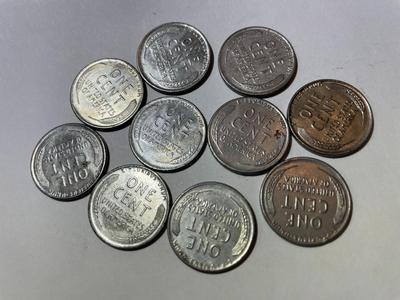 LOT OF (10) 1943-P CIRCULATED REPROCESSSED CONDITION LINCOLN CENTS AS PICTURED.