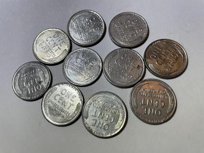 LOT OF (10) 1943-P CIRCULATED REPROCESSSED CONDITION LINCOLN CENTS AS PICTURED.