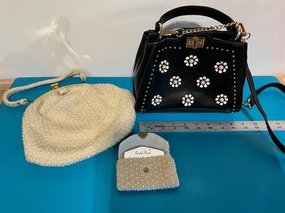 Crossover Mellow World black purse, Vintage Corde’Bead pearl ivory Handbag