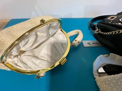 Crossover Mellow World black purse, Vintage Corde’Bead pearl ivory Handbag