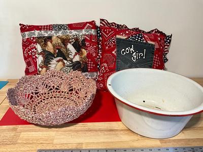 Vintage Enamelware wash basin with crochet bowl/pillows