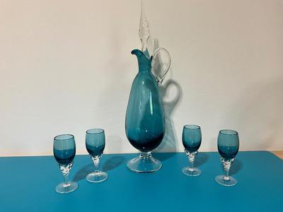 Vintage Teal Blue Empolie Art Glass Decanter w/original stopper and 4 Glasses