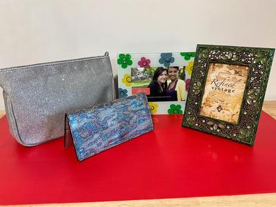 Glitzy clutch, wallet, and frames