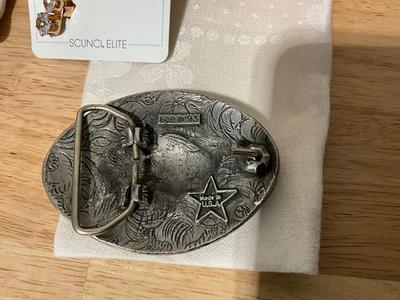 Medora box, Buffalo belt buckle, Talbot jewelry Photo clutches, Vintage Avon Candlestick