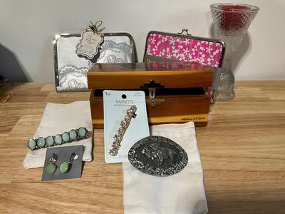 Medora box, Buffalo belt buckle, Talbot jewelry Photo clutches, Vintage Avon Candlestick