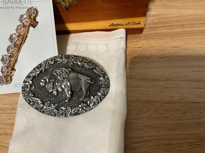 Medora box, Buffalo belt buckle, Talbot jewelry Photo clutches, Vintage Avon Candlestick