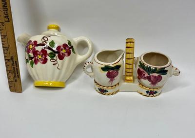 Wall-Mounted Ceramic Teapot with Creamer and Sugar Bowl on Caddy