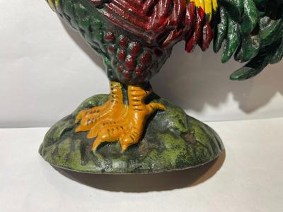 Vintage Cast Iron Rooster Painted Doorstop 8" Tall in Good Preowned Condition as Pictured.