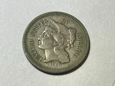 1868 FINE CONDITION THREE CENT NICKEL TYPE COIN AS PICTURED.