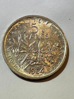 1964 Republic of France 5 Francs Silver Coin in AU/Uncirculated Condition as Pictured.