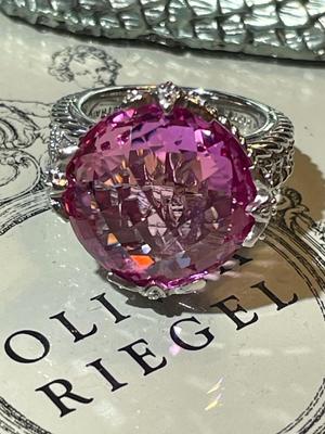 Judith Ripka Designer Cushion-Cut Pink Stone Sterling Silver Ring w/CZ Accents Ring Size 6 in Never Worn Condition.